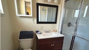 A bathroom with a toilet, sink, and mirror. - Three Blocks to Flagler - Fenced Backyard Pets OK (New Smyrna Beach)