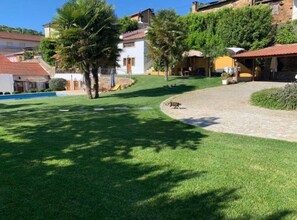 A residential area with houses, a paved path, and a grassy lawn.
