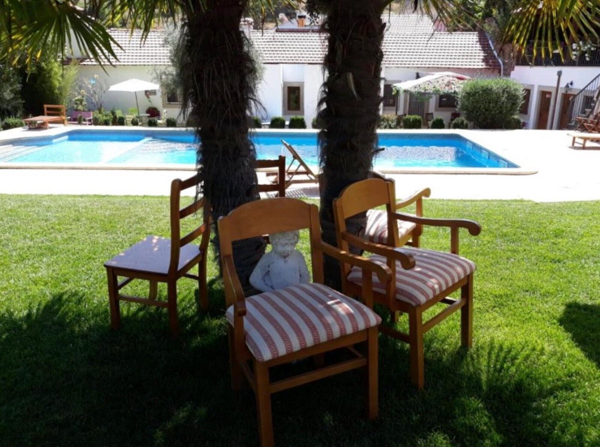 A poolside area with two wooden chairs and a table, surrounded by grass and palm trees.