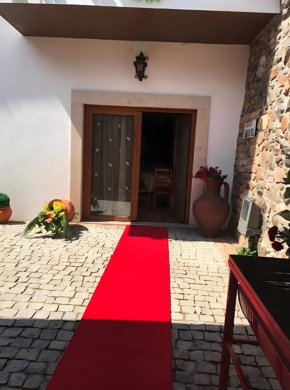 A hotel entrance with a red carpet, a stone wall, and a potted plant.