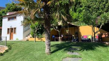 A well-maintained garden with a palm tree, a white building with a brown door, and a yellow structure in the background.
