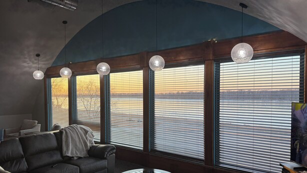 A modern living room with a curved ceiling, large windows with blinds, a leather sofa, a glass coffee table, and pendant lighting. - Cozy Gem With Stunning Mississippi River View (Albany)