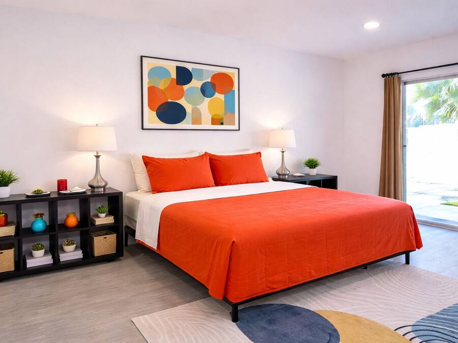 Un dormitorio moderno con cama, dos mesitas de noche, una lámpara de noche, un cuadro en la pared y vistas al exterior.