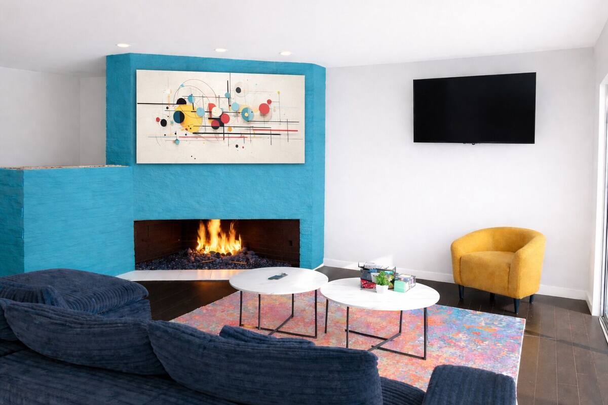 Un salon moderne avec une cheminée, un téléviseur à écran plat, un canapé et un fauteuil jaune.