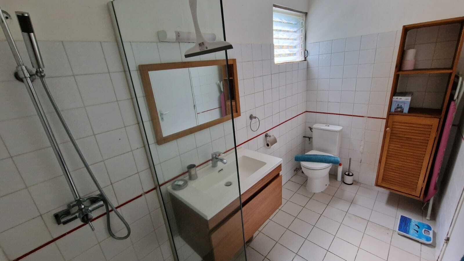 Douche, séchoir à cheveux, serviettes fournies, savon