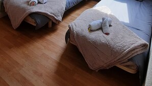 Ett rum med två sängar, ett takfönster, ett element och ett trägolv.
