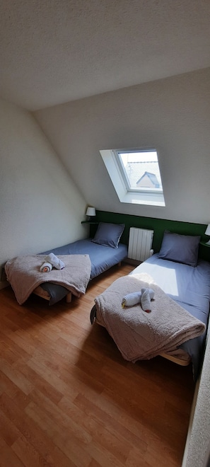 A room with two beds, a skylight, a radiator, and a wooden floor.