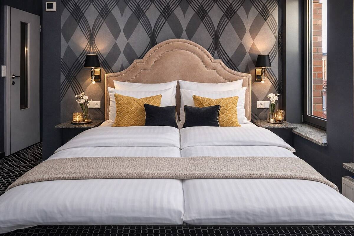 A double bed with a tufted headboard, two bedside tables with lamps, and a patterned wall.
