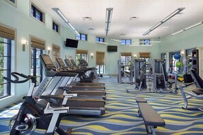 A gym with treadmills, exercise machines, and a patterned floor. - Maidstone Magic: Hot Tub & Pool, Theater, by Parks (Four Corners)
