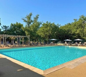 Een rechthoekig zwembad met helderblauw water, omringd door ligbedden en parasols, met bomen op de achtergrond.