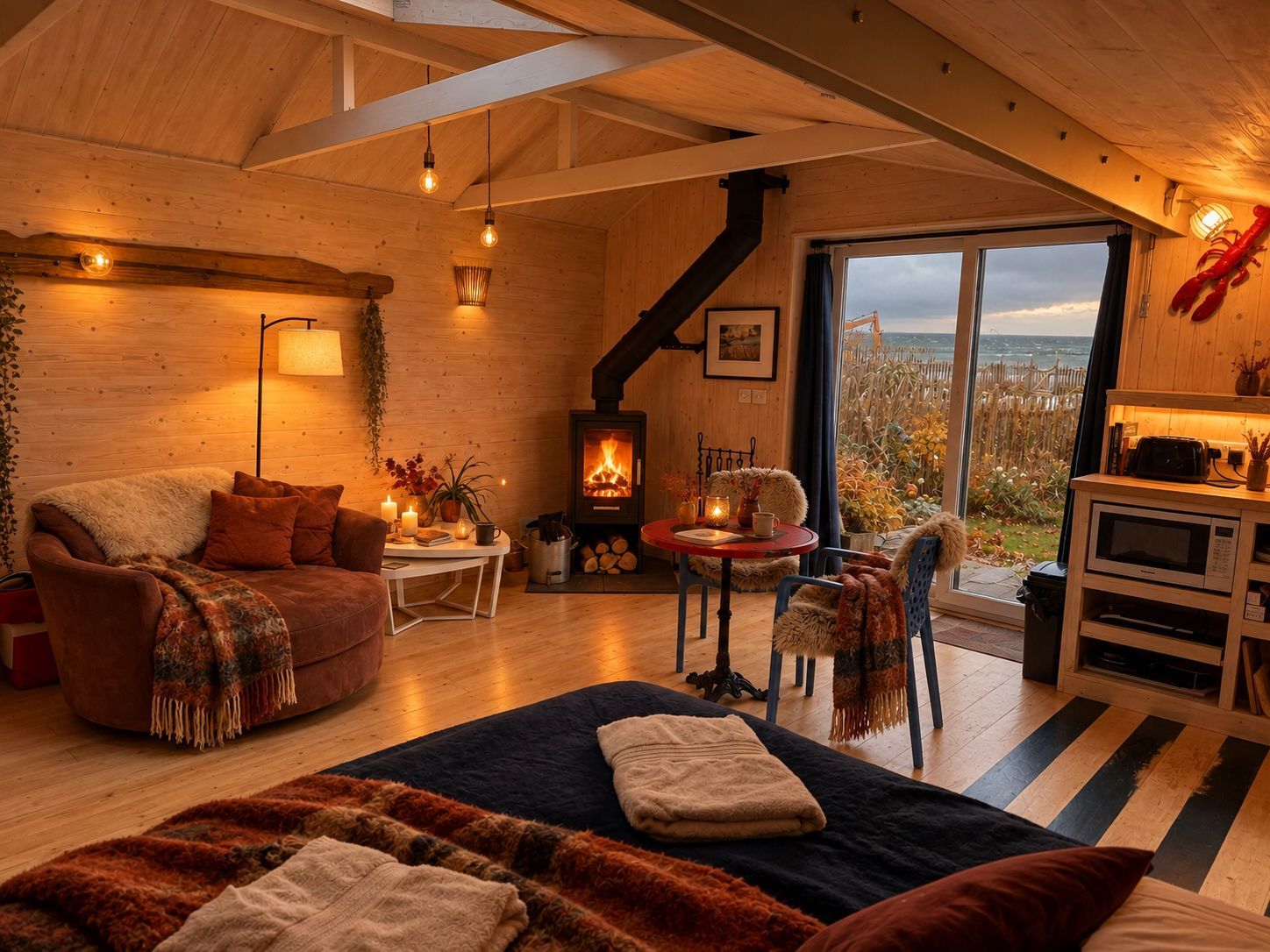 A cozy cabin interior with a fireplace, wooden walls, a dining area, and a view of the outdoors.