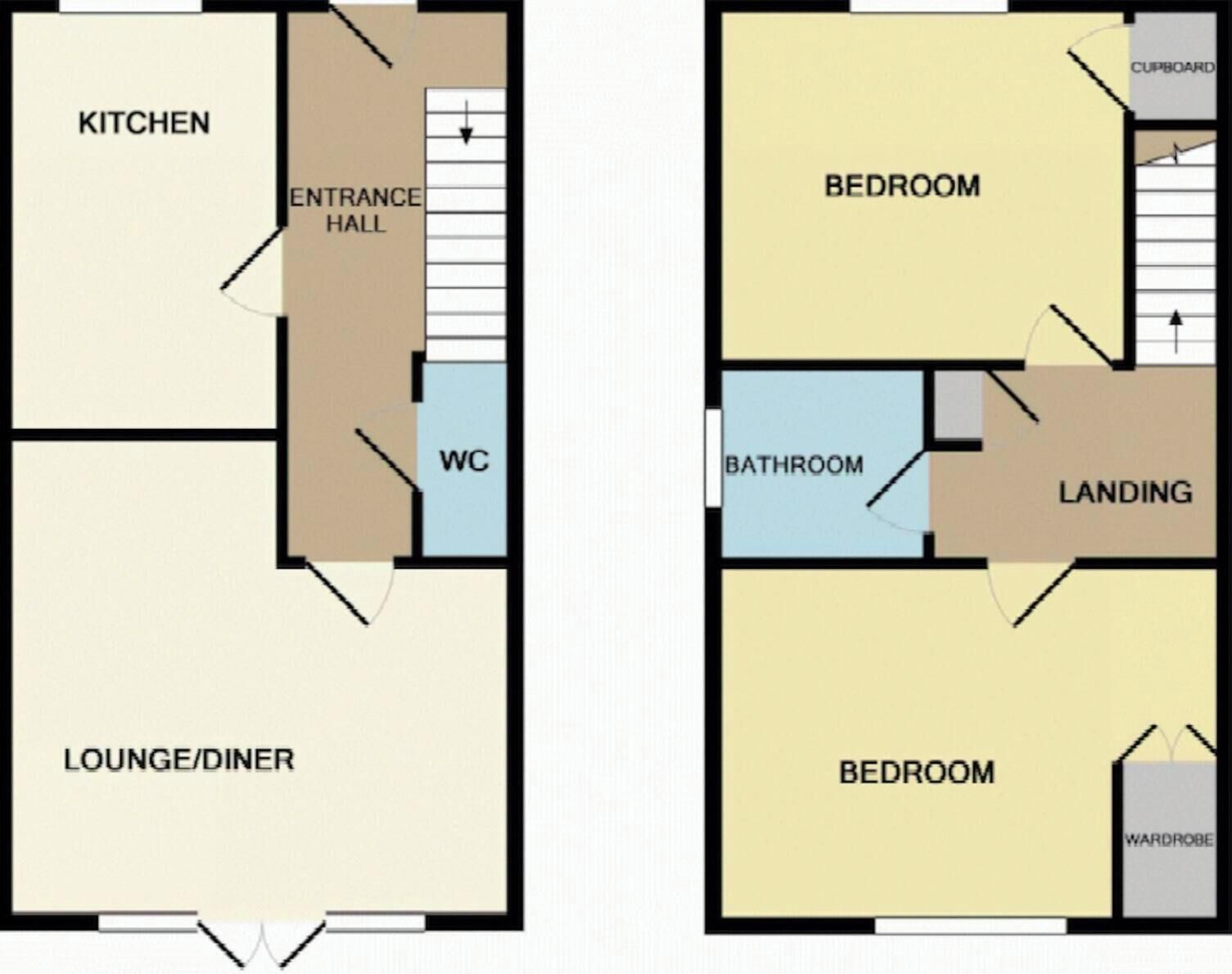 Plattegrond met keuken, woongedeelte/eetkamer, toilet, entreehal, slaapkamer, badkamer, overloop en inloopkast.
