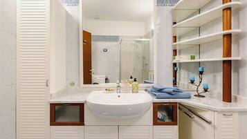 Shower, hair dryer, bidet, towels