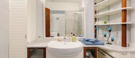 Shower, hair dryer, bidet, towels