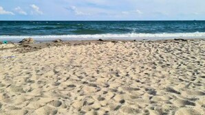 A sandy beach with visible footprints and a calm sea under a clear sky. - Apartment Fehmarn-burgtiefe (Fehmarn)