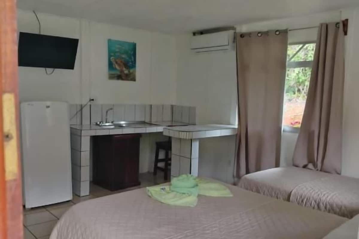 Una habitación con dos camas, una kitchenette pequeña, un televisor y una ventana con cortinas.