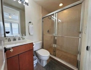 Shower, hair dryer, shampoo