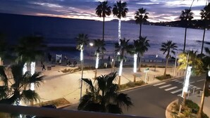 Vista de platja amb palmeres i una carretera que hi mena.