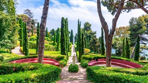 Un jardín formal con una estatua central, setos bien recortados y árboles altos.
