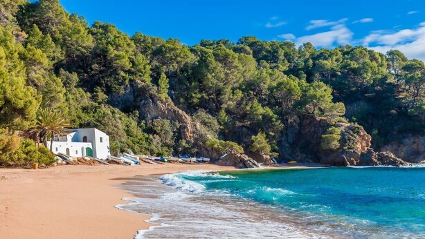 Une plage avec un bâtiment blanc, une eau d’un bleu cristallin et une colline boisée.