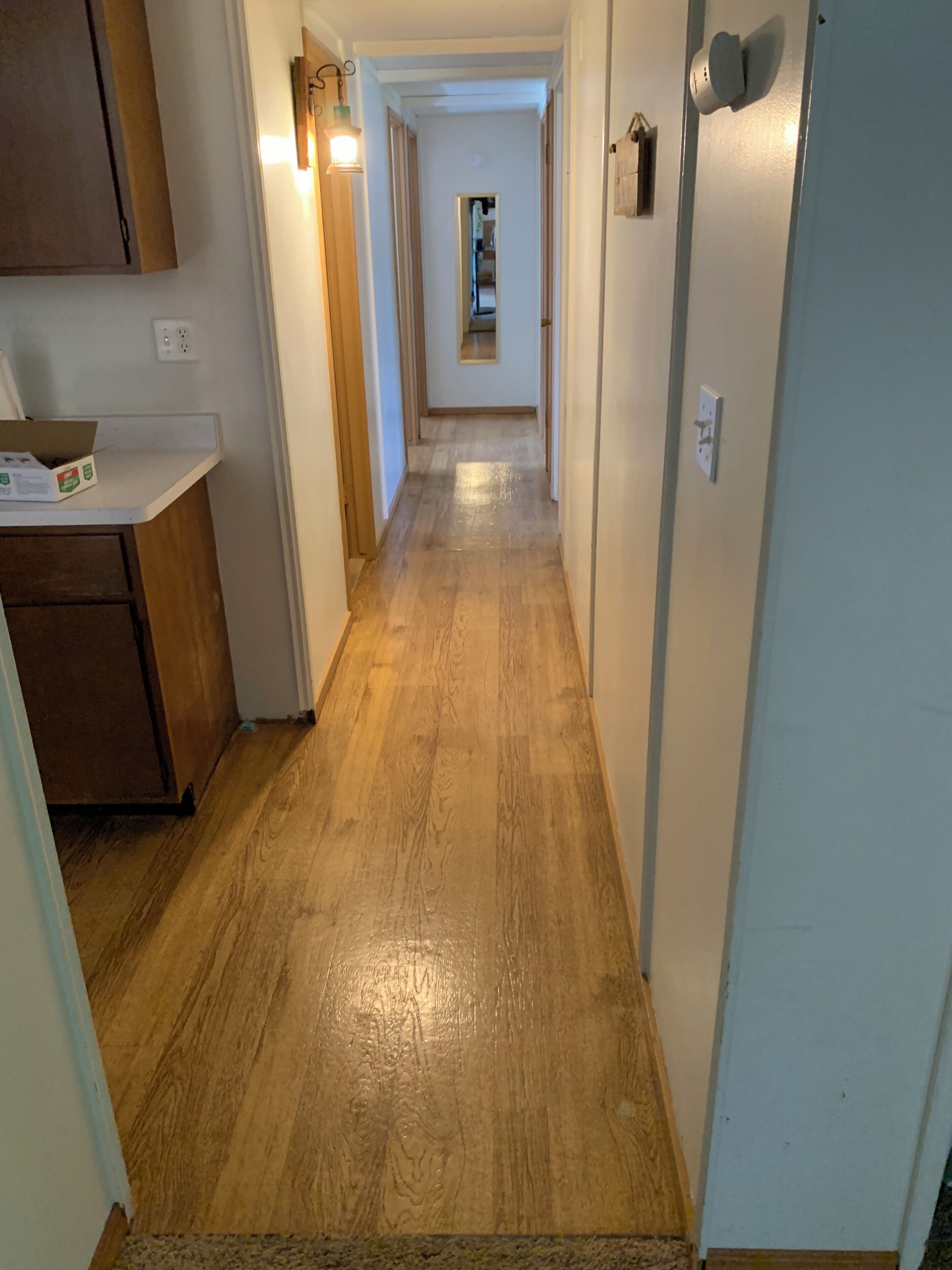 A hallway with wooden flooring, a kitchen area on the left, and a door on the right.