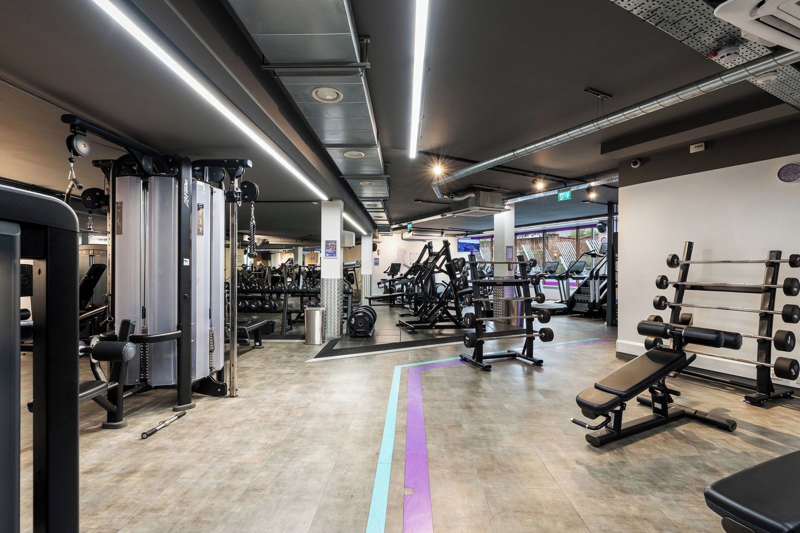 Ett gym med olika typer av träningsutrustning, inklusive styrketräningsmaskiner, löpband och fria vikter.