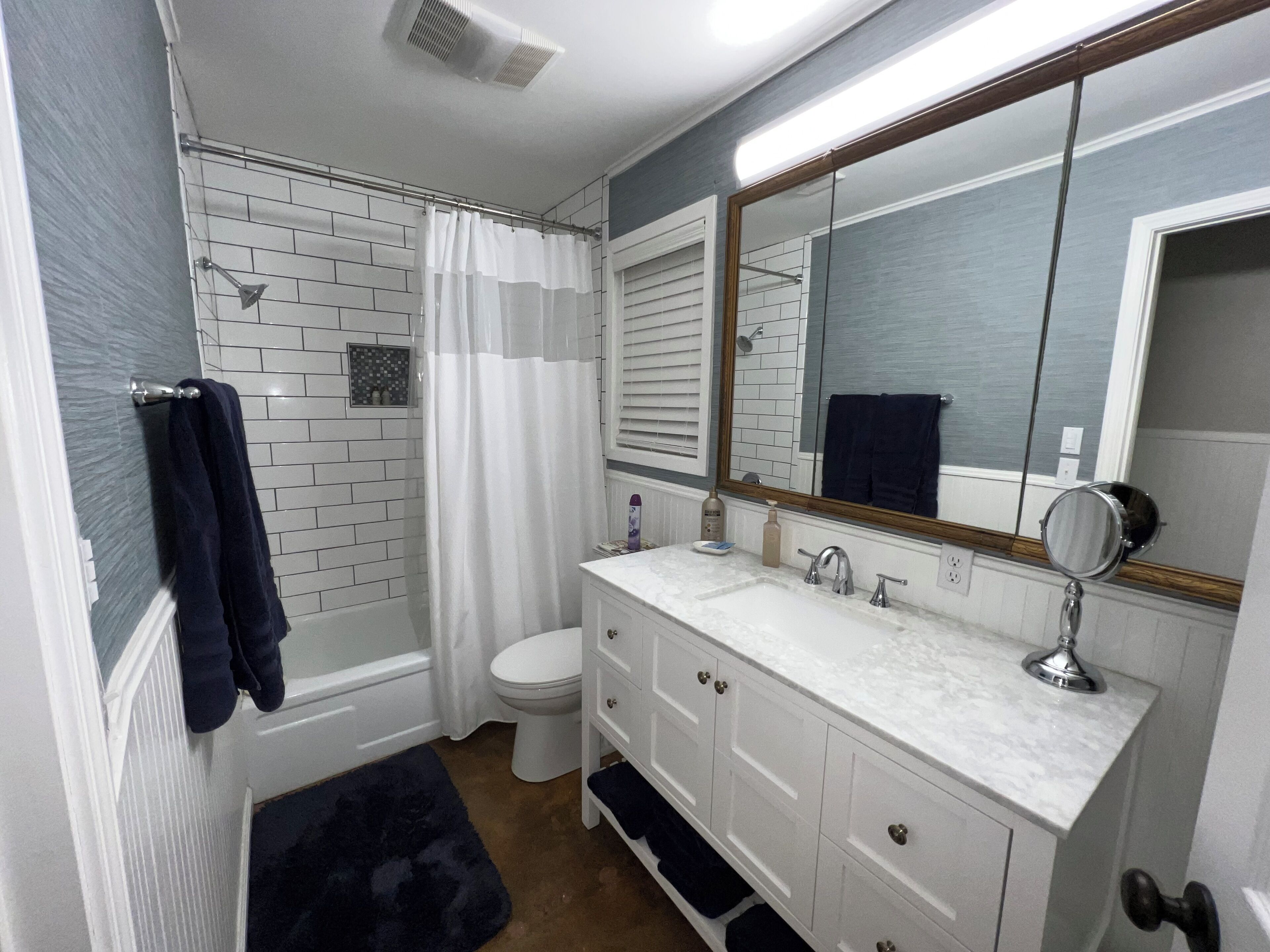 Hair dryer, towels, soap, toilet paper