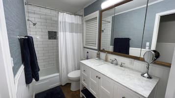 Hair dryer, towels, soap, toilet paper