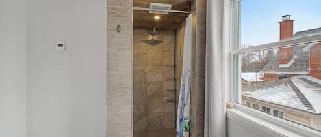 Shower, hair dryer, shampoo
