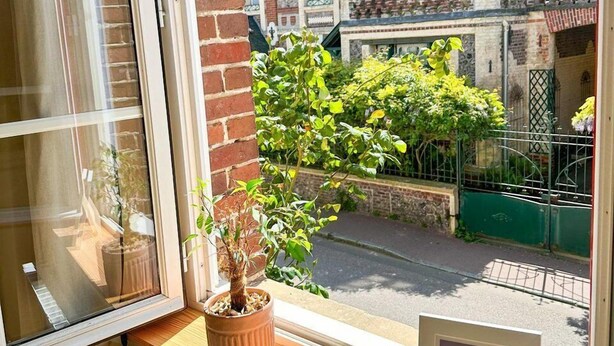 A window with a potted plant, a framed picture, and a view of a historic building. - Roses, Veules les roses close to the beaches (Veules-les-Roses)