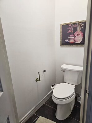 Hair dryer, towels, soap, toilet paper