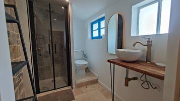 A bathroom with a glass shower enclosure, a white sink with a vessel basin, and a large mirror above the sink.