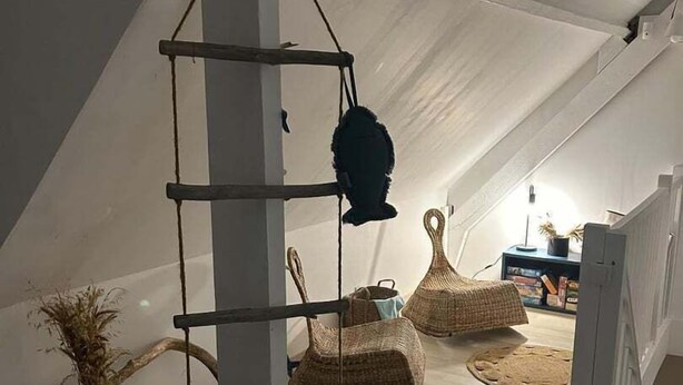 Parvelle sijoitettu makuuhuone, jossa on kalteva katto, riipputuoli ja rottinkihuonekaluja.