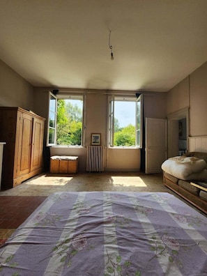 A bedroom with a large bed, two windows, a radiator, and wooden furniture.