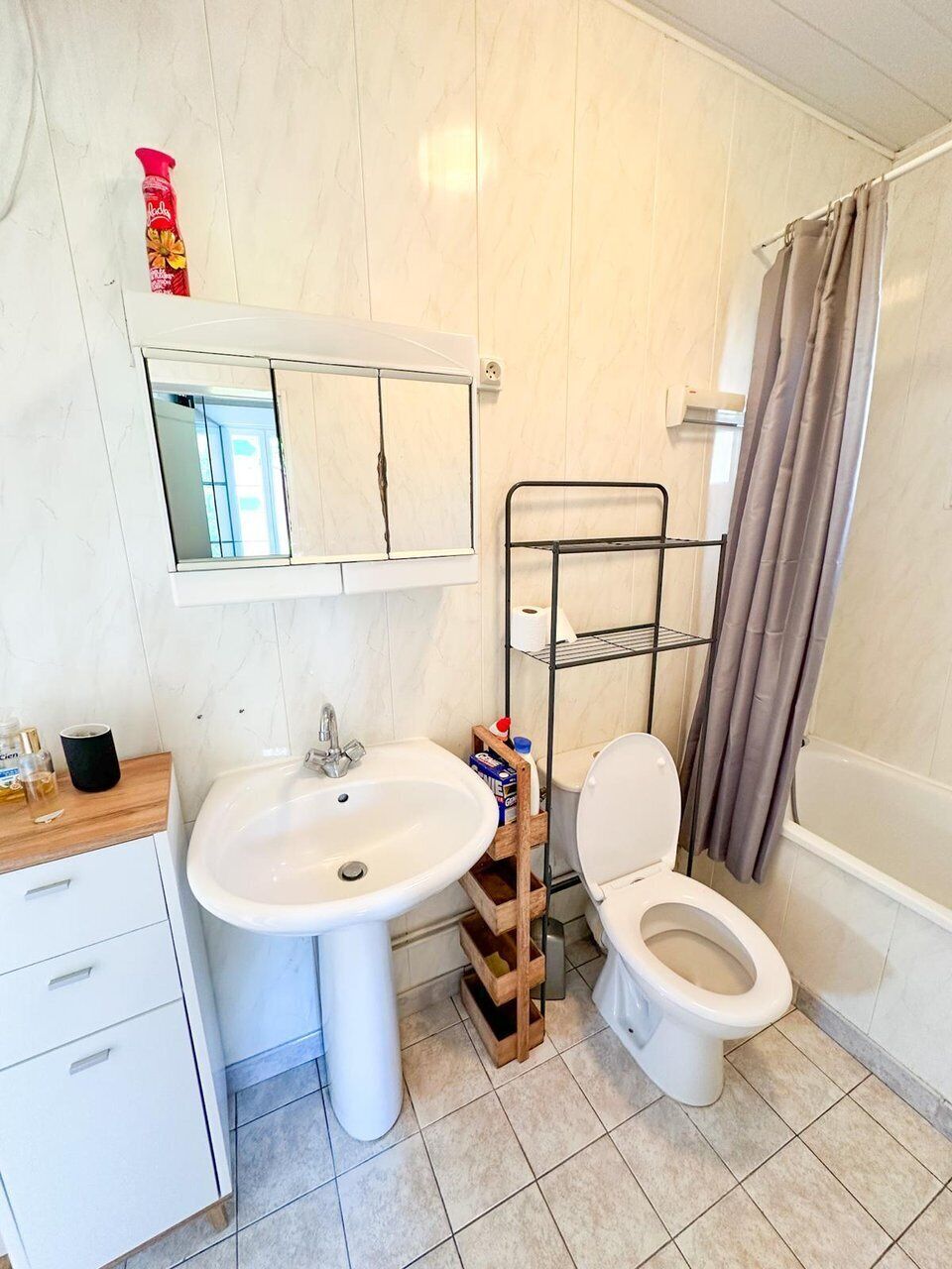A bathroom with a sink, toilet, and a metal shelf unit.