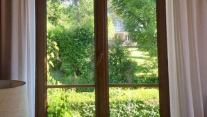 Ein Fenster mit weißen Vorhängen, Blick auf einen Garten mit Bäumen und ein Gebäude im Hintergrund.