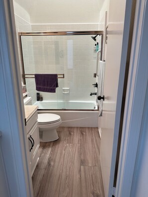 Hair dryer, towels, soap, toilet paper