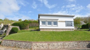 A modern two-story house with a stone foundation, large windows, and a well-maintained lawn.