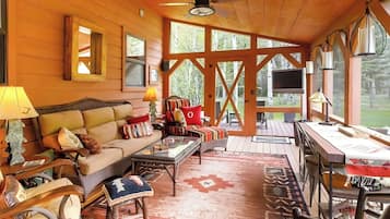 TV, fireplace, DVD player, books