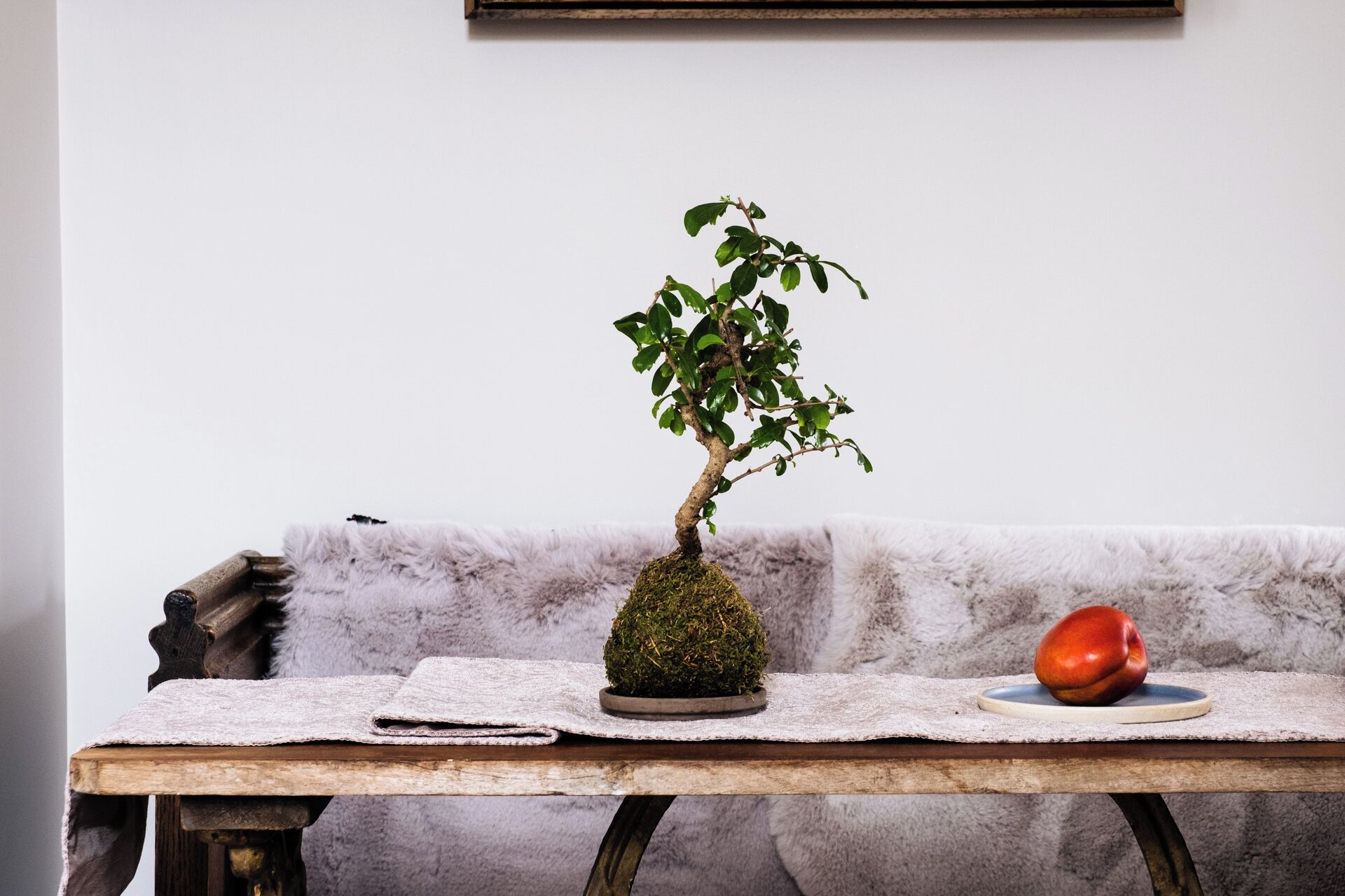 A small bonsai tree on a table with a white cloth, a red apple, and a wooden sculpture.