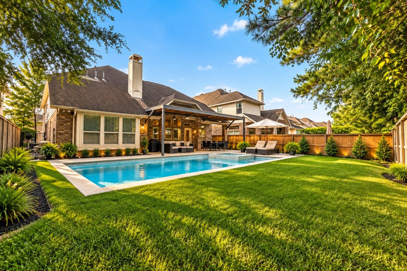 A backyard with a swimming pool, a covered patio, and a well-maintained lawn.