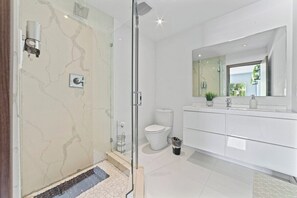 Hair dryer, towels, soap, shampoo
