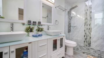 Hair dryer, towels, soap, shampoo