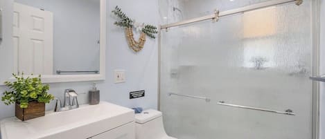 Hair dryer, towels, soap, shampoo