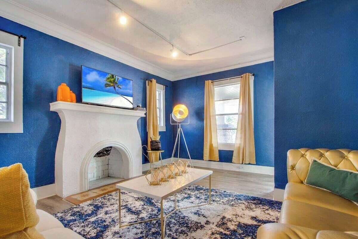TV, fireplace, video library