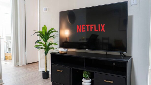 Ein modernes Wohnzimmer mit einem großen Flachbildfernseher an einer schwarzen Unterhaltungsecke, einer Topfpflanze und einem kleinen Zimmerbaum.
