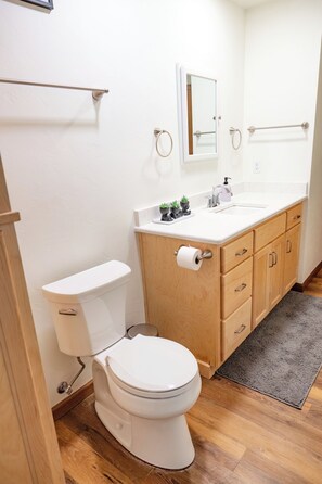 Shower, towels, soap, toilet paper