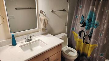 Shower, towels, soap, toilet paper