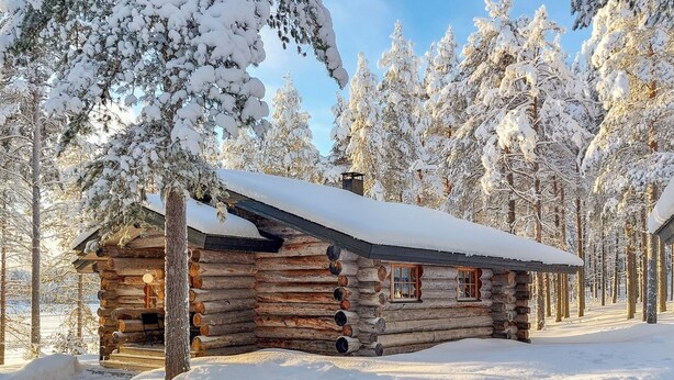 Una cabaña de troncos rodeada de árboles cubiertos de nieve.