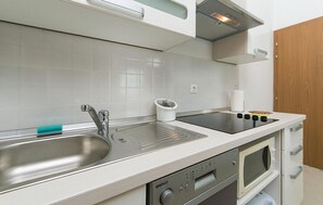 A modern kitchen with stainless steel sinks, a built-in oven, and a microwave. - Lovely apartment in Brela with WiFi (Brela)